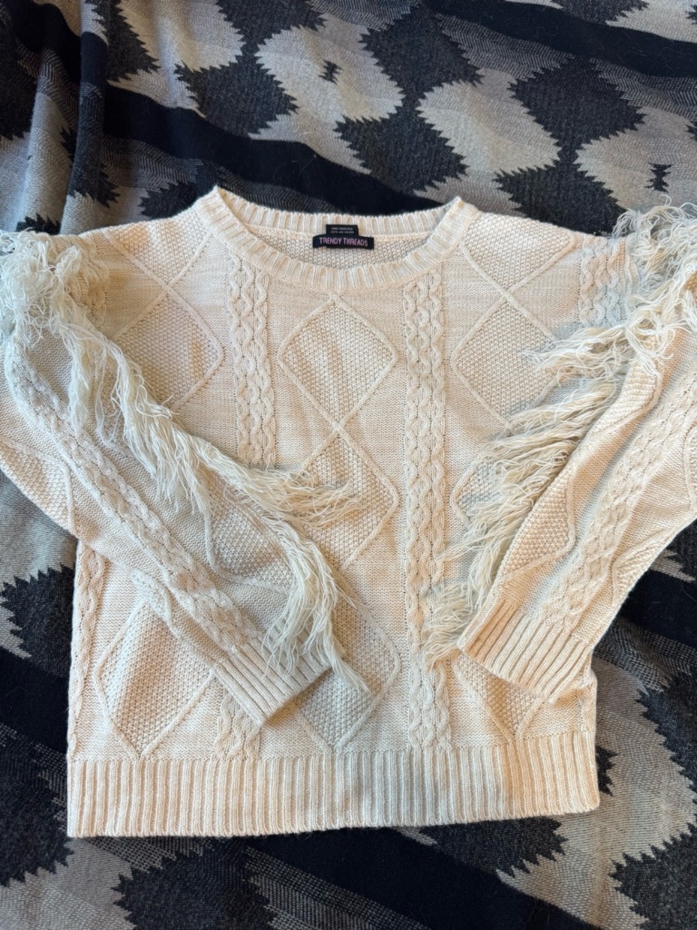 Cream Cable-Knit Fringe Crew Sweater
